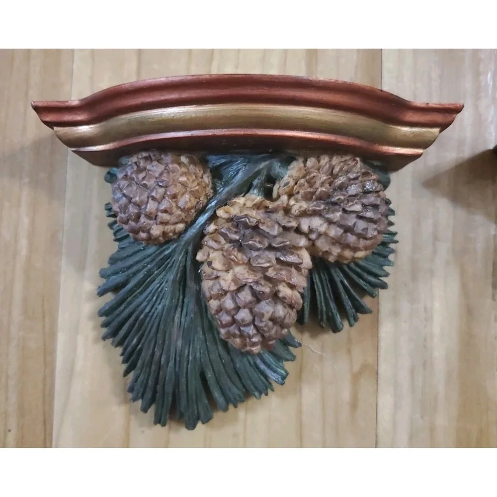 Vintage Pinecone & Needle Wall Sconce Display Shelves Set Woodland Forest Cabin
